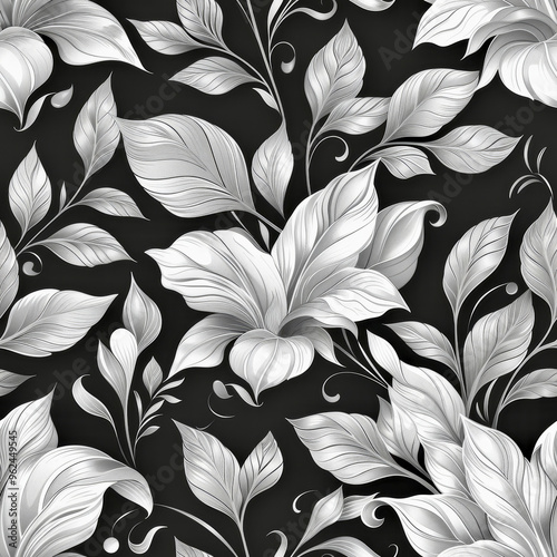 A beautifully detailed floral design featuring large blossoms and delicate leaves in shades of white and gray on a dark background, creating a classic and sophisticated look.