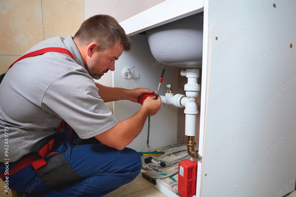 Pro plumber conducting pipe repair. Professional plumber man working. Pro plumber conducting pipe repair. Professional plumber man working.