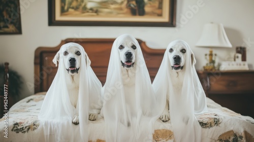 Halloween Concpept ,Three White Dogs Dressed as Ghosts on a Bed photo