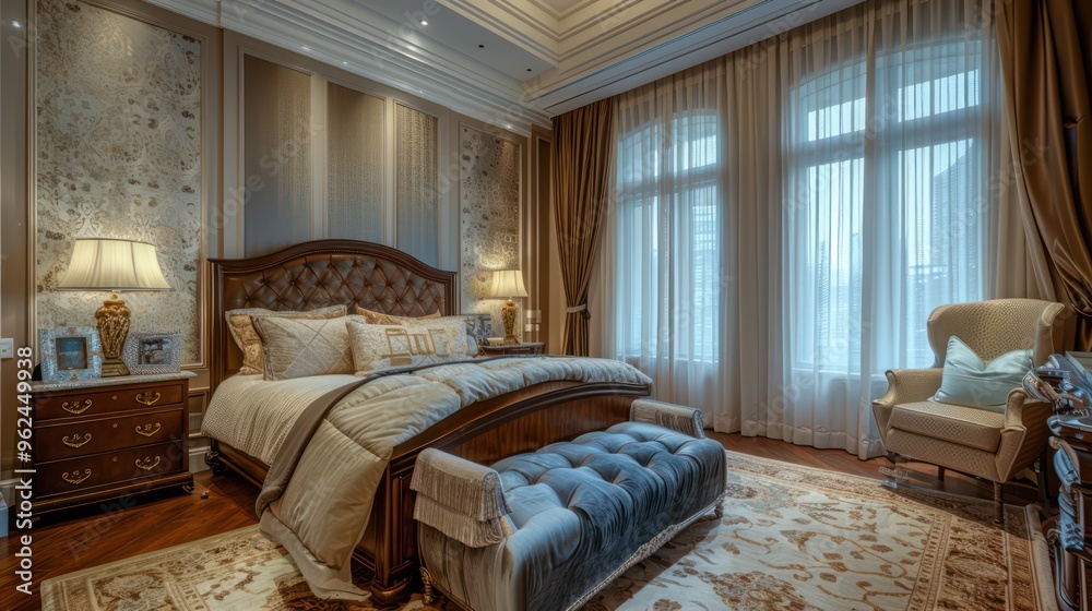 A luxurious bedroom featuring elegant furnishings, large windows, and warm lighting. A luxurious bedroom featuring elegant furnishings, large windows, and warm lighting.