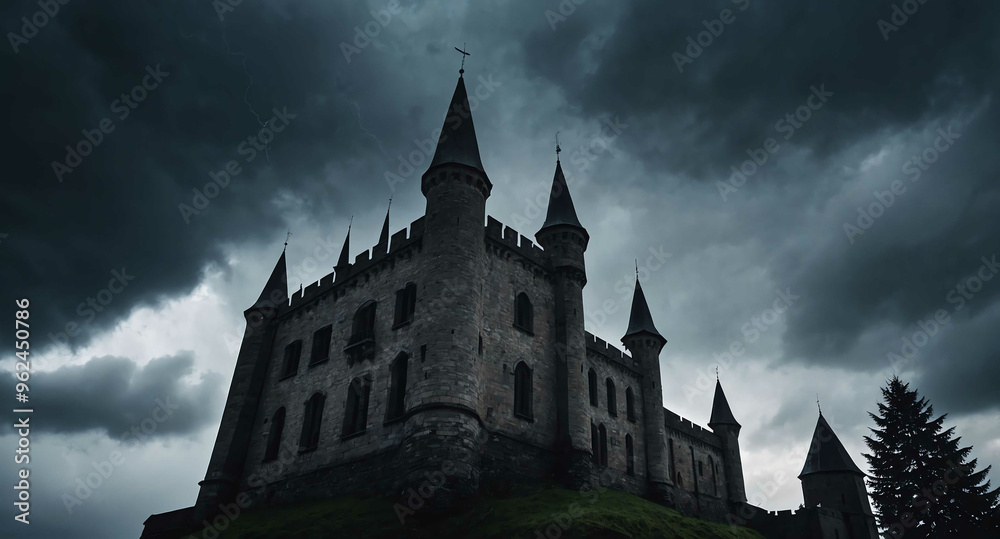 Gothic castle silhouette against stormy sky background Gothic castle silhouette against stormy sky background