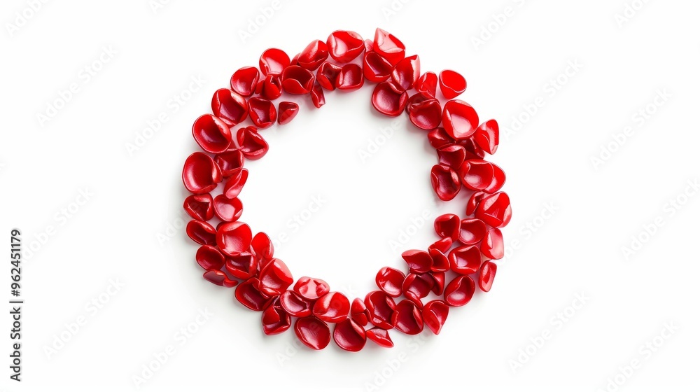 A meticulously arranged circle of red petals on a white background showcases the beauty of simplicity and symmetry. The vibrant red petals create a striking contrast, making this image perfect for A meticulously arranged circle of red petals on a white background showcases the beauty of simplicity and symmetry. The vibrant red petals create a striking contrast, making this image perfect for