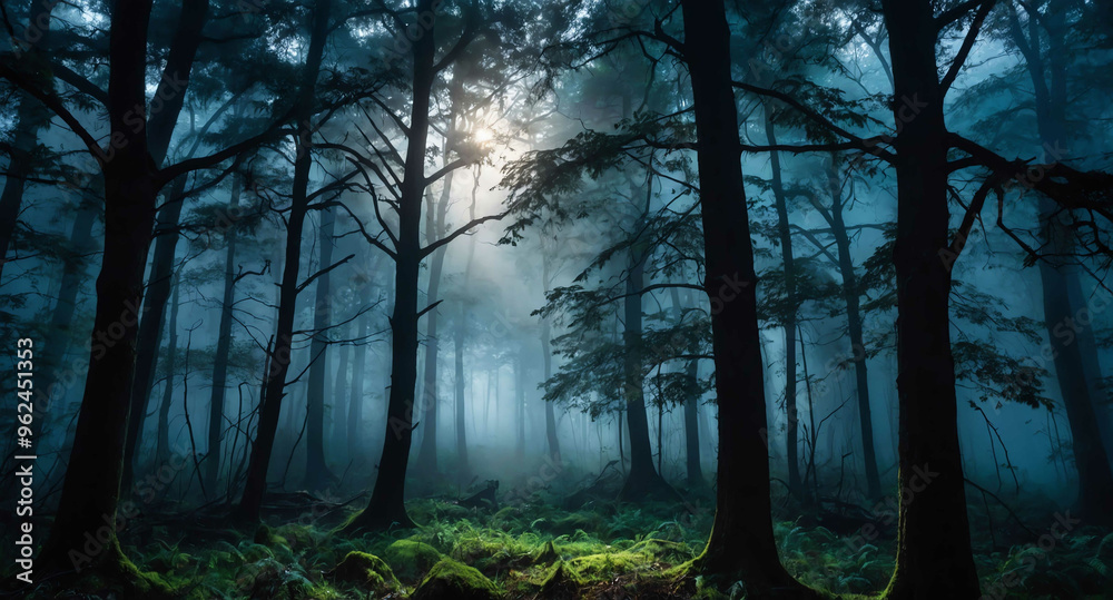 Obraz premium Haunted forest glowing mist abstract background