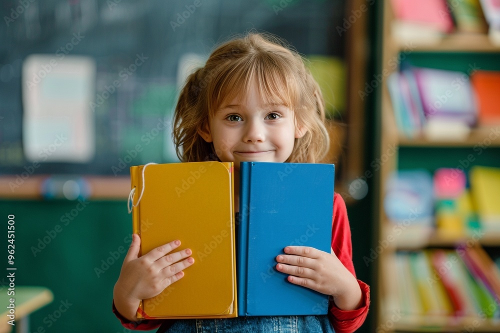 Cute child smiling brightly surrounded colorful books class. Cheerful girl embraces her studies colorful books her. Colorful journey of early education. Cute child smiling brightly surrounded colorful books class. Cheerful girl embraces her studies colorful books her. Colorful journey of early education.