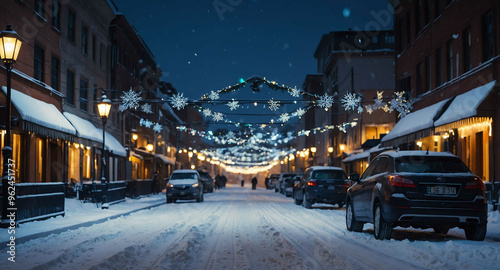 Holiday lights on snowy city street background photo