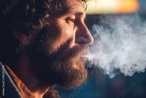 A person holding a lit cigarette, puffing smoke. Fight against smoking, World No Tobacco Day photo