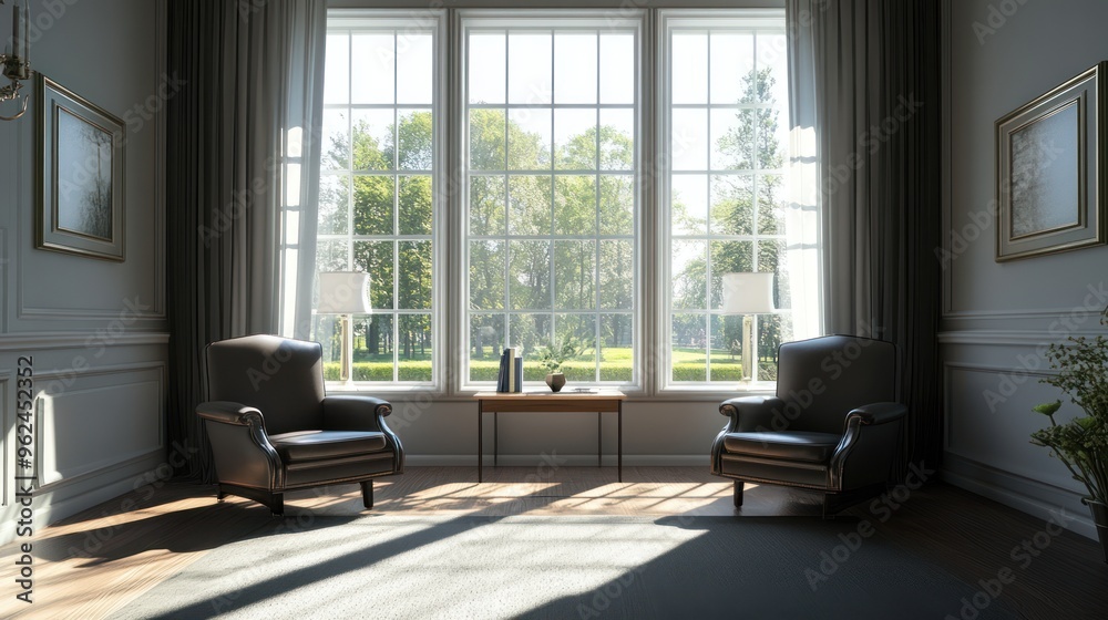 Fototapeta premium Two leather armchairs facing each other in a sunlit living room