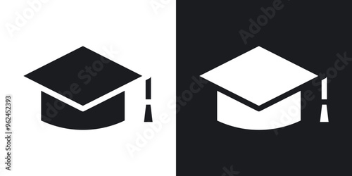 Graduation cap solid vector icon set in black and white color.