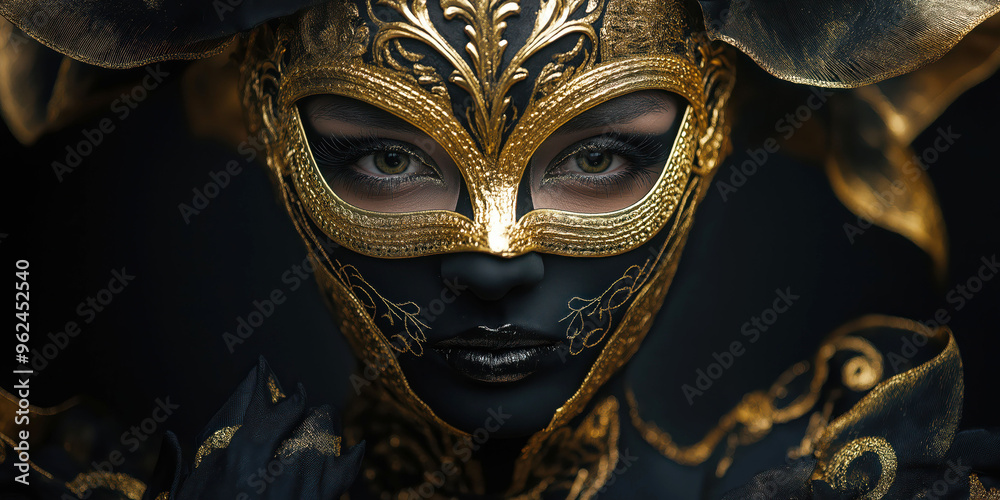 Intricate gold and black mask of a mysterious woman in dramatic close-up portrait