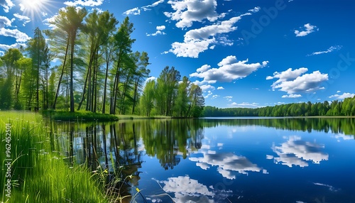 On sunny days, the blue sky and white clouds set off the tranquil lake, the natural scenery of the lake, lush trees, and green grasslands, making people relax and enjoy. photo