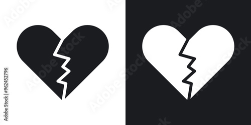 Broken heart solid vector icon set in black and white color.