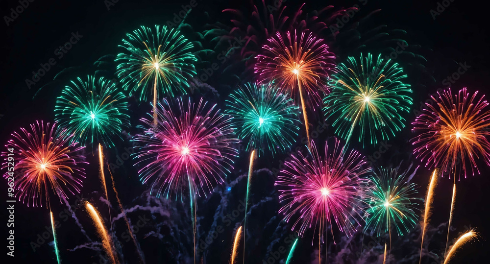 Naklejka premium Neon fireworks with sparkling lights abstract background