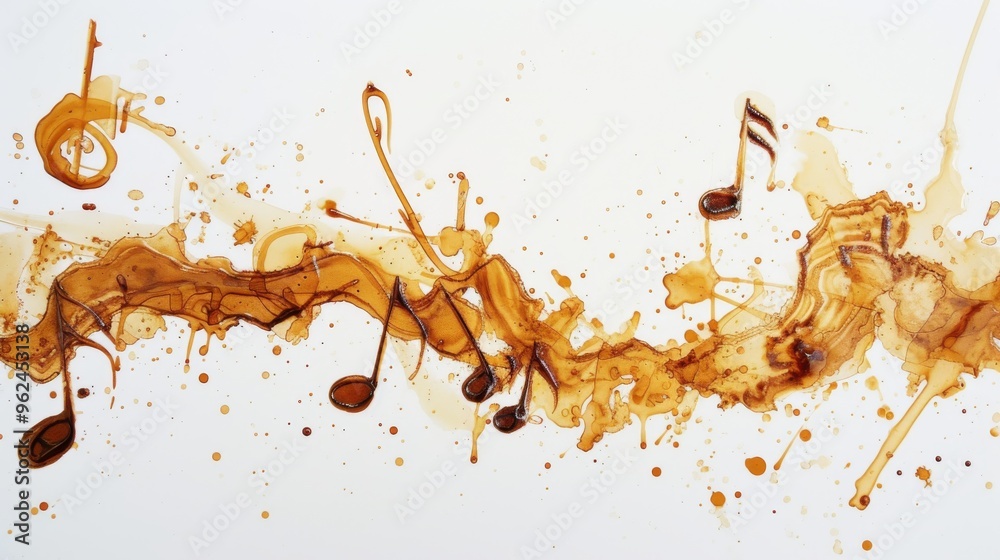 Dynamic splashes of coffee create whimsical musical notes on a white background, capturing the energy and spontaneity of music and art combined. The brown hues and fluid shapes evoke a sense of