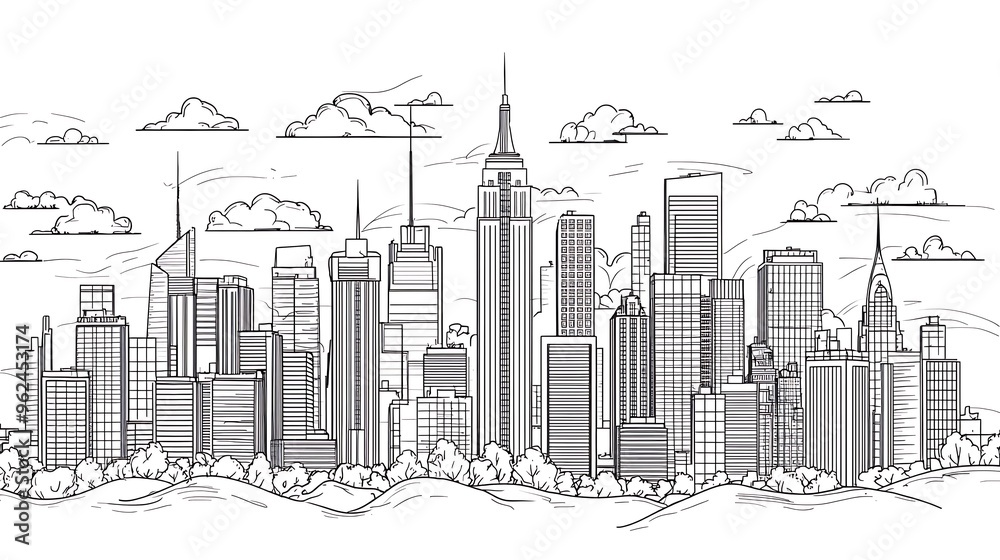 Obraz premium A black and white illustration of a city skyline captures skyscrapers, clouds, and trees in a detailed, hand-drawn sketch, blending urban beauty with artistic flair.