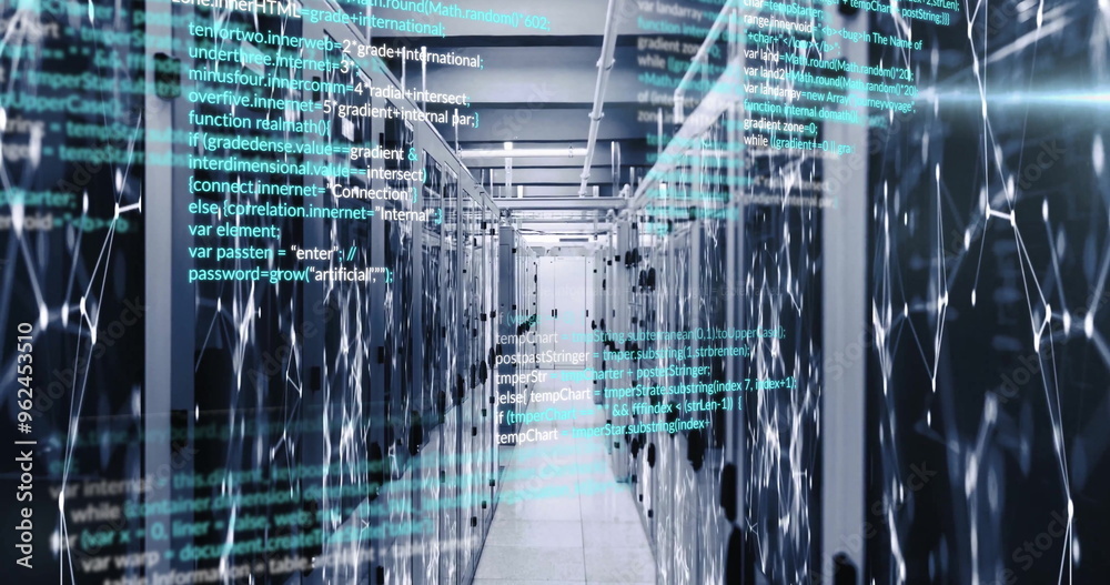 Computer code image over servers in data center Computer code image over servers in data center