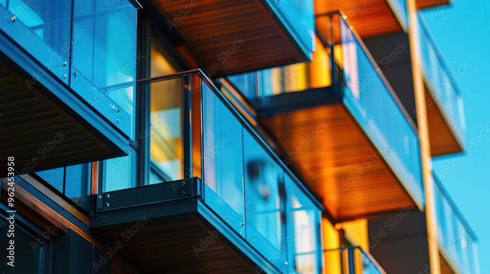 A close-up view of modern apartment balconies with glass railings reflecting sunlight. A close-up view of modern apartment balconies with glass railings reflecting sunlight.