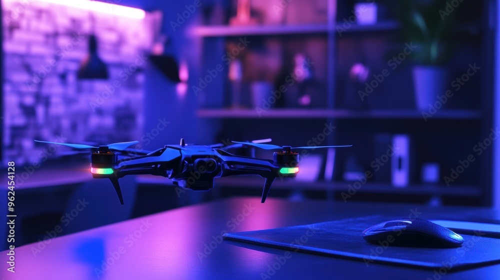 High-tech blue-tinted drone with colorful lights hovering over a sleek modern office desk High-tech blue-tinted drone with colorful lights hovering over a sleek modern office desk