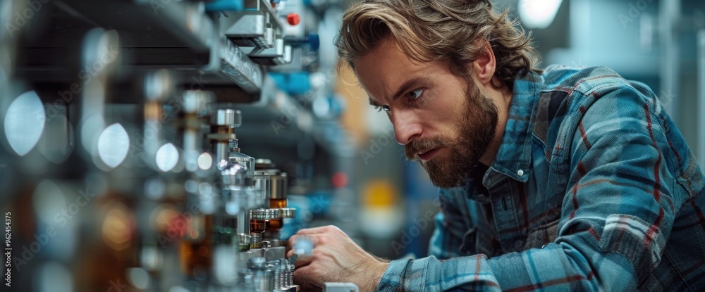 A man with a beard is looking at a shelf with many bottles A man with a beard is looking at a shelf with many bottles