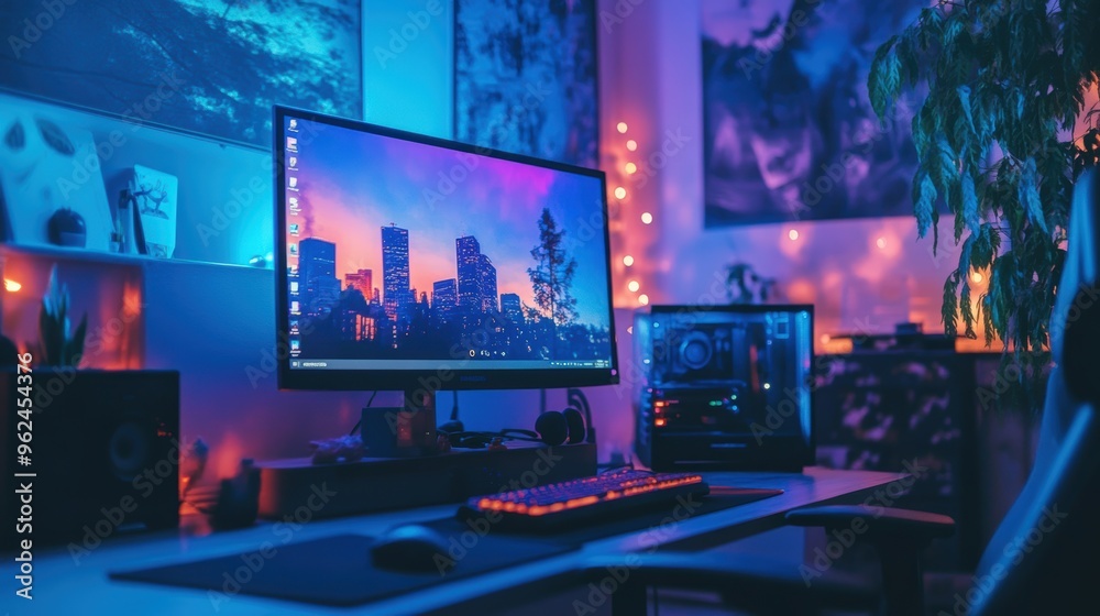 High-tech blue-tinted smart projector with vibrant colors and modern desk setup High-tech blue-tinted smart projector with vibrant colors and modern desk setup
