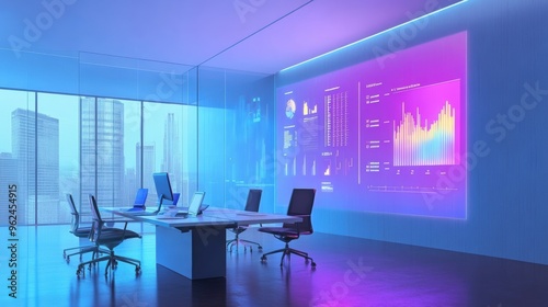 Innovative holographic display projecting colorful 3D graphs in a minimalist blue-themed office