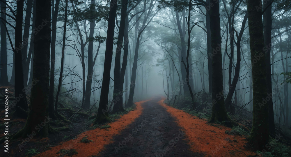 Obraz premium Pathway through spooky forest with mist background