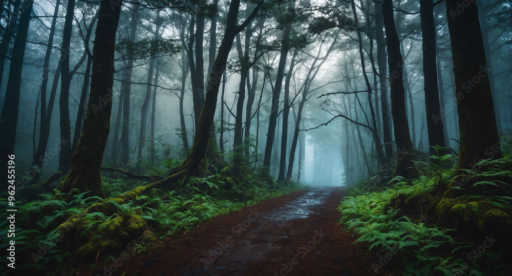 Obraz premium Pathway through spooky forest with mist background