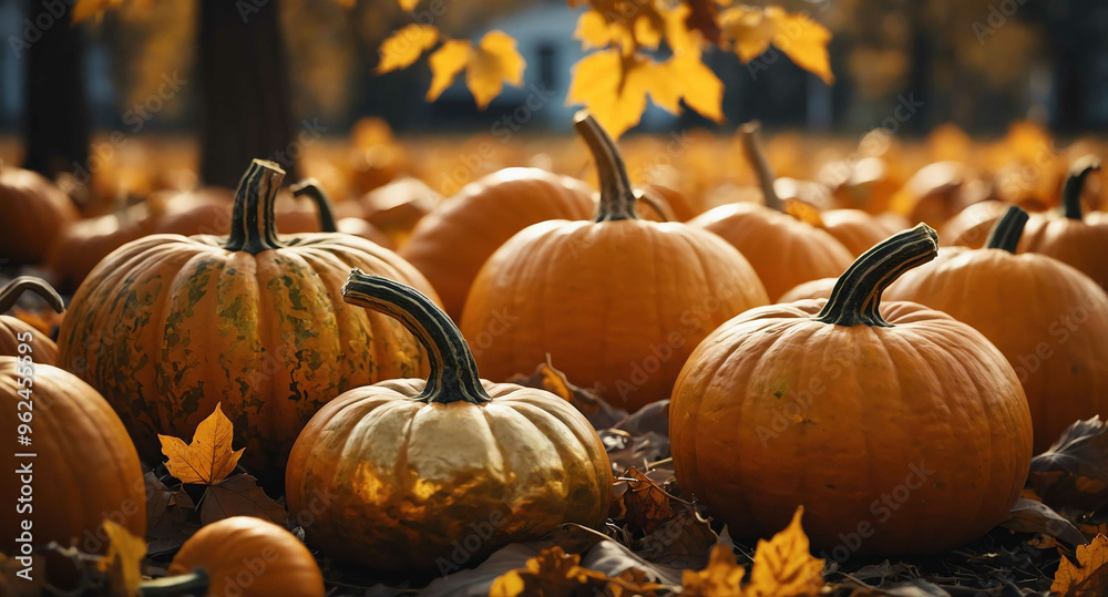 Pumpkins with golden leaves abstract background Pumpkins with golden leaves abstract background
