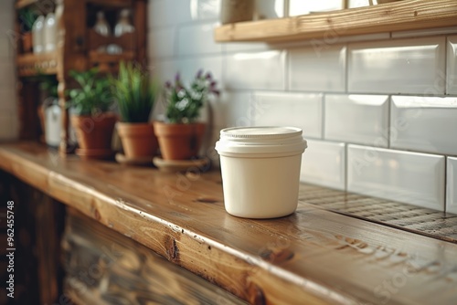 White Container on a Wooden Countertop