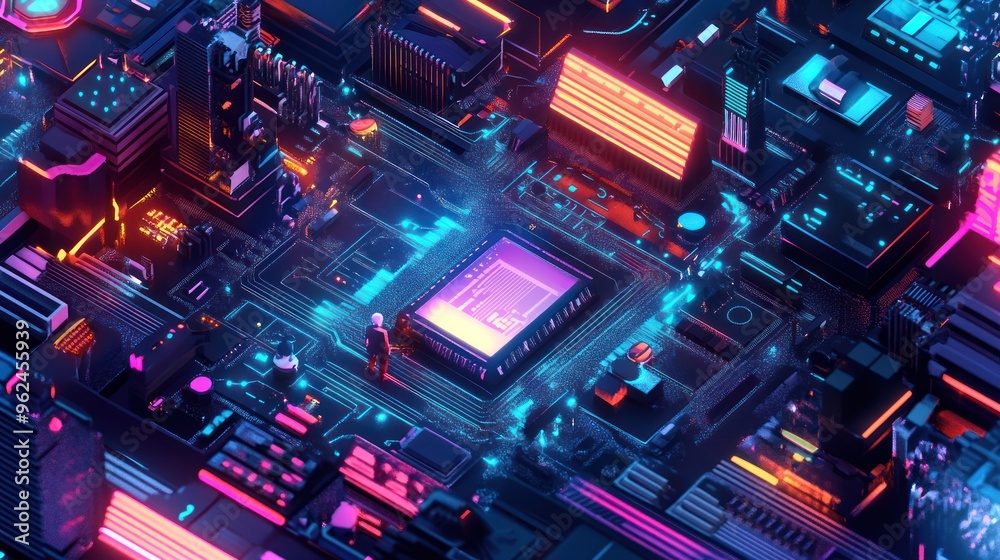 Digital Cityscape: Neon Lights and Circuitry Digital Cityscape: Neon Lights and Circuitry