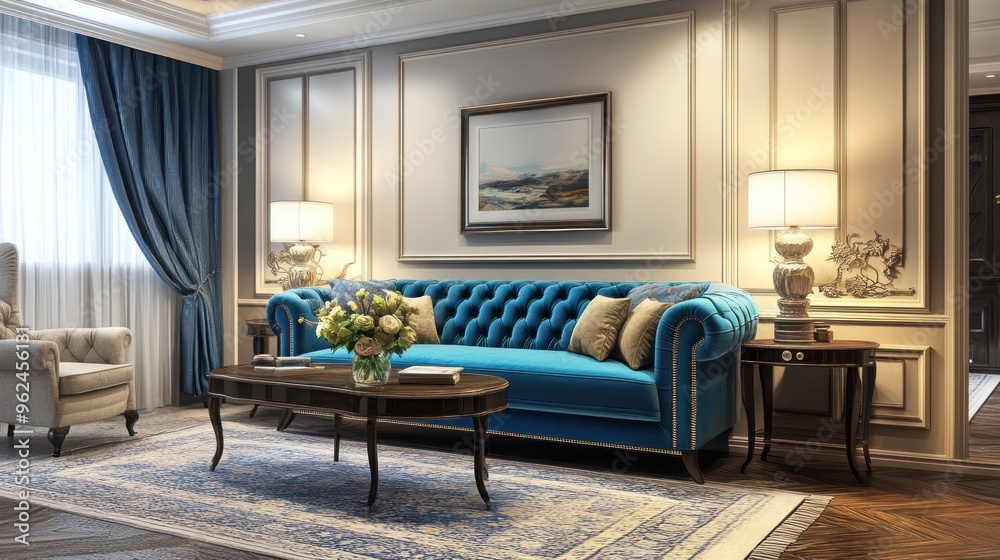 Fototapeta premium Luxurious Living Room with Blue Velvet Sofa and Classic Decor