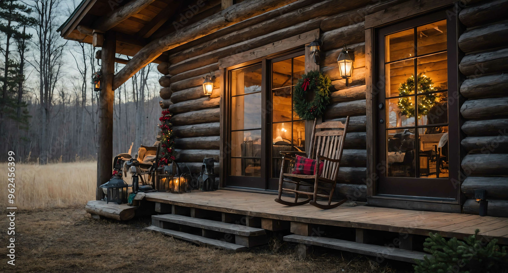 Rustic cabin porch with holiday decor background Rustic cabin porch with holiday decor background