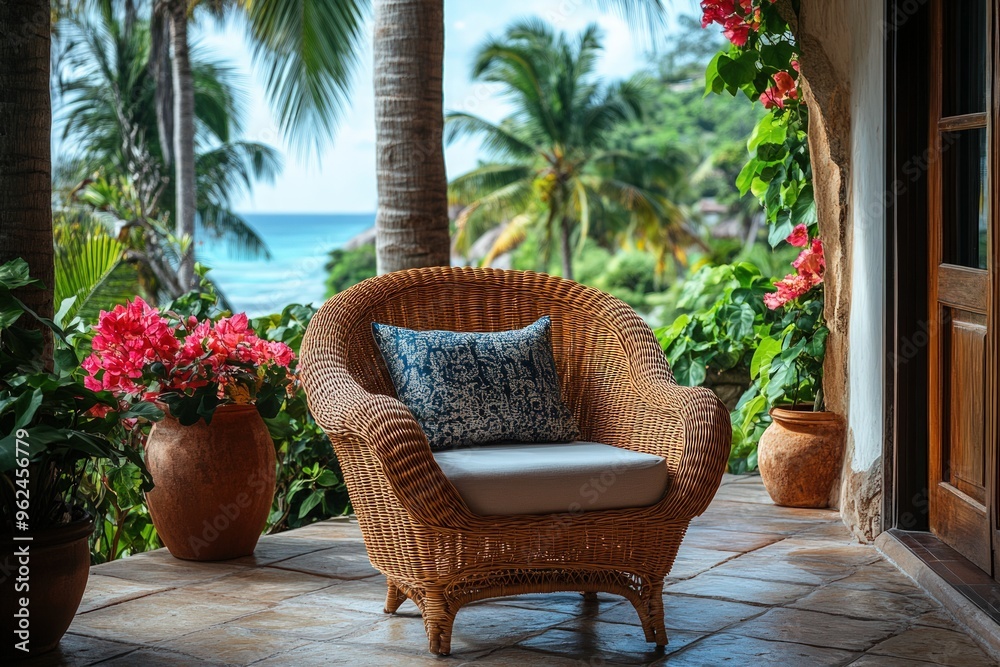 Fototapeta premium Wicker armchair on a patio overlooking a tropical beach with palm trees.