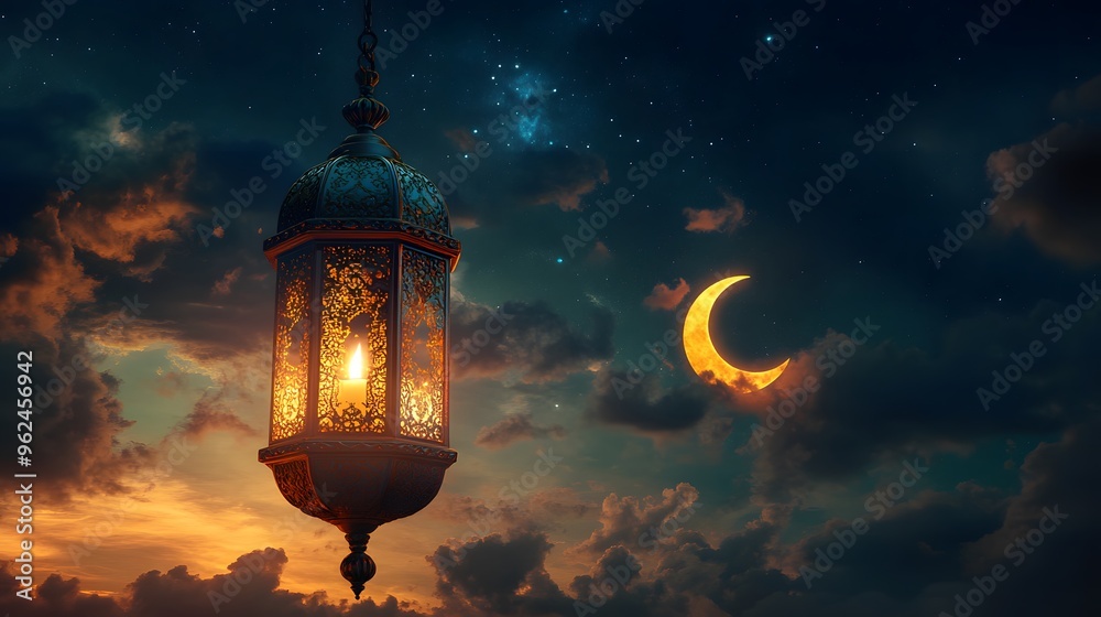 Ramadan Lantern Crescent Moon Night Sky Stars Clouds Ramadan Lantern Crescent Moon Night Sky Stars Clouds