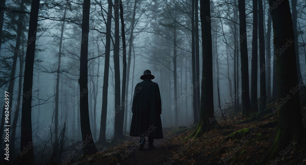 Shadowy figure standing in foggy woods background Shadowy figure standing in foggy woods background