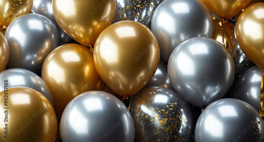 Silver and gold balloons glowing abstract background Silver and gold balloons glowing abstract background