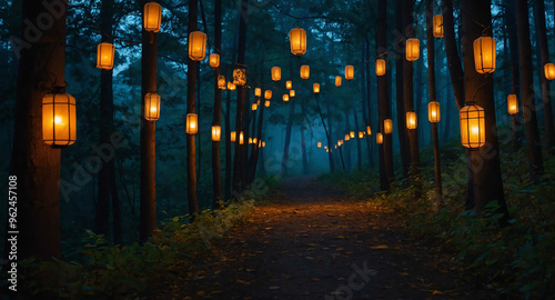 Shadowy forest path with glowing lanterns background