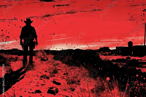 A silhouette of a cowboy at sunset in the desert. The sky is a deep red, and the desert is a dark red. The cowboy is wearing a hat, a long coat, and boots. He is carrying a gun on his hip. Copy space.