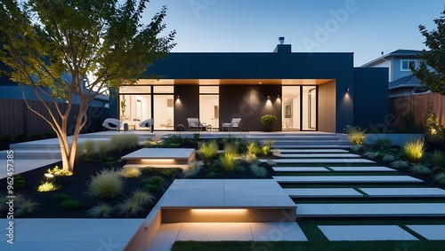 Stunning Modern Home with Sleek Minimalist Landscape Design and Elegant Outdoor Lighting
