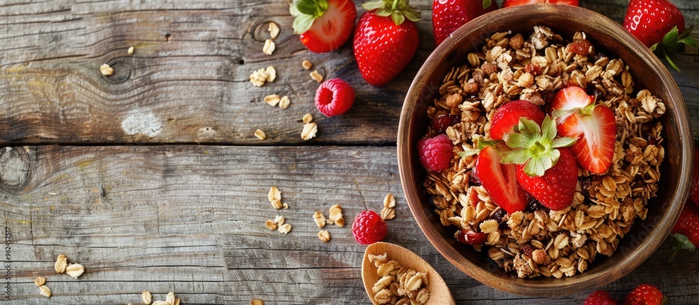 Homemade Granola With Strawberries On A Old Wooden Table Homemade Granola With Strawberries On A Old Wooden Table