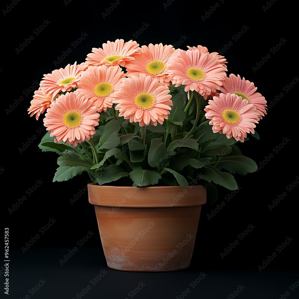 Fototapeta premium A potted plant with peach-colored daisies and green leaves isolated on a black background.