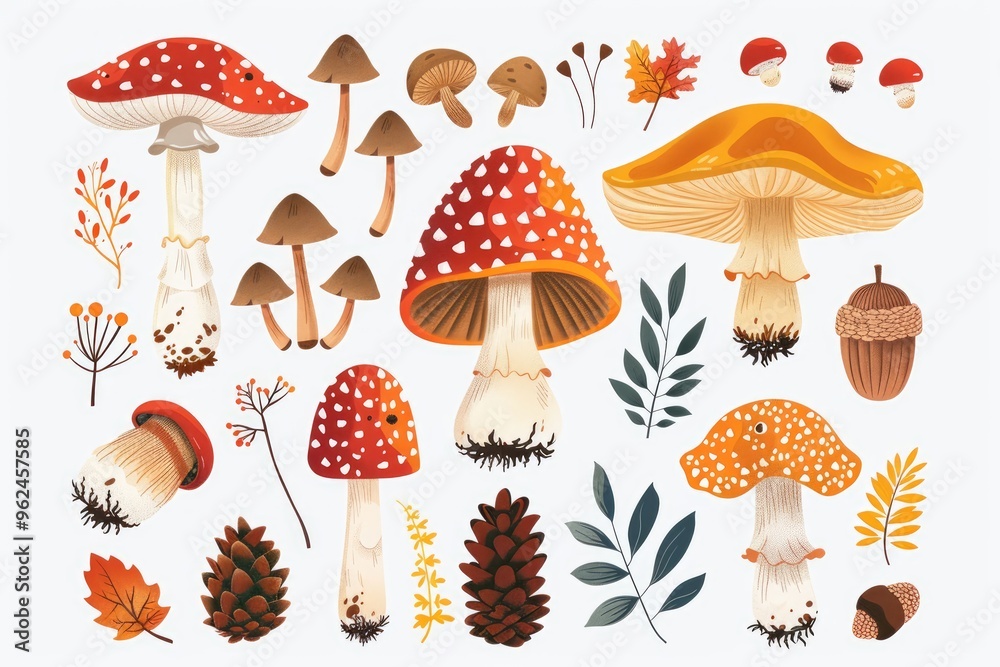 A vibrant circle of mushrooms surrounded by charming forest elements showcases the beauty of nature in autumn's embrace A vibrant circle of mushrooms surrounded by charming forest elements showcases the beauty of nature in autumn's embrace