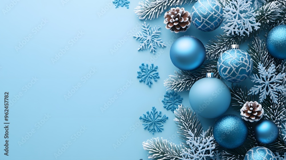 Blue Christmas Ornaments and Snowflakes on Blue Background Blue Christmas Ornaments and Snowflakes on Blue Background