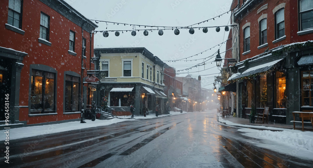 Fototapeta premium Snow falling on decorated town street background