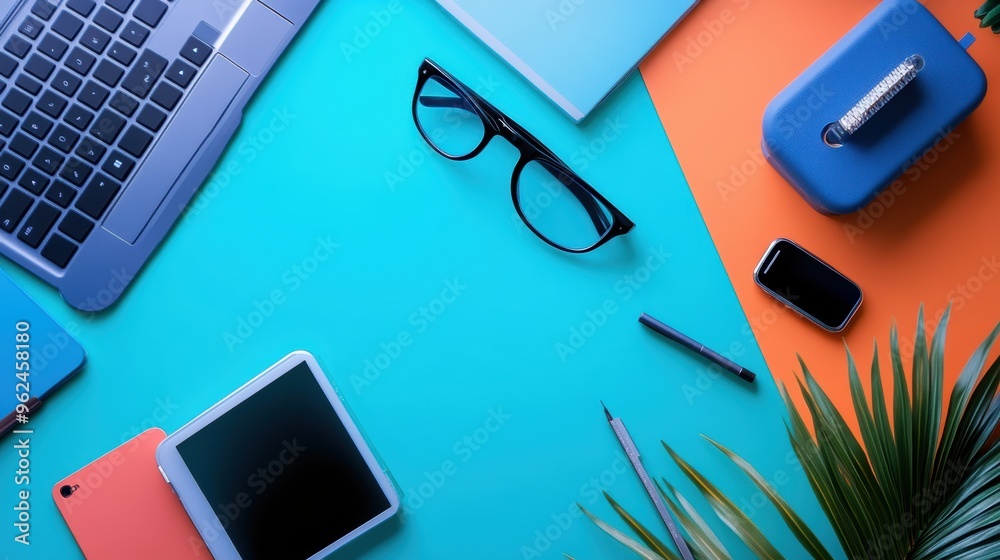 Vibrant blue tech gadgets arranged on a minimalist desk with a colorful, futuristic background Vibrant blue tech gadgets arranged on a minimalist desk with a colorful, futuristic background