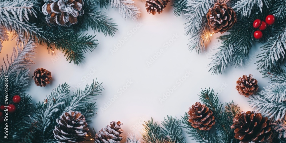 Frost-covered pine branches, pinecones, and red berries arranged around a snowy white background with warm glowing lights, creating a serene winter scene. Frost-covered pine branches, pinecones, and red berries arranged around a snowy white background with warm glowing lights, creating a serene winter scene.