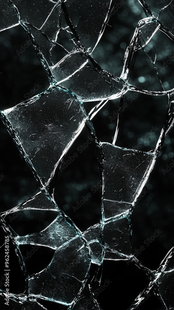 A cracked glass texture with sharp, spreading fractures and light bouncing off the surface, set against a solid black backdrop A cracked glass texture with sharp, spreading fractures and light bouncing off the surface, set against a solid black backdrop