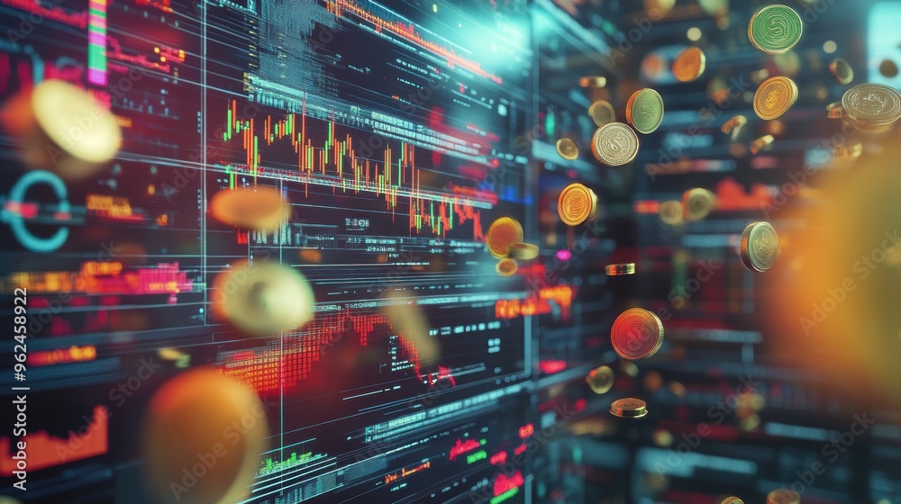 A lot of charts, stocks, banknotes, gold, coins floating in the air. Long-distance view. Feel the future. A lot of charts, stocks, banknotes, gold, coins floating in the air. Long-distance view. Feel the future.