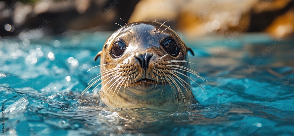 Fototapeta premium Close-up of a curious seal with big brown eyes peeking above the water's surface.