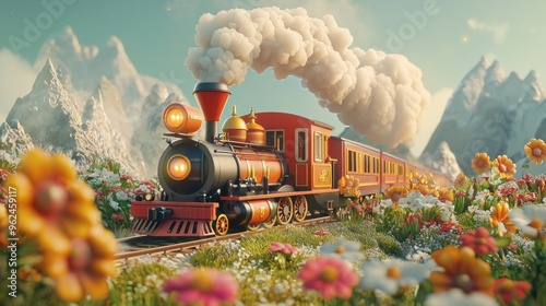 Vintage Red Steam Train Traveling Through a Field of Flowers and Mountains photo