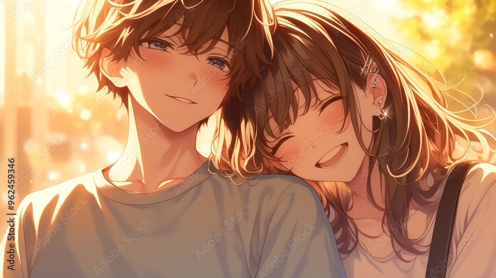 A warm, joyful moment shared between two young people, smiling in a sunlit setting. A warm, joyful moment shared between two young people, smiling in a sunlit setting.